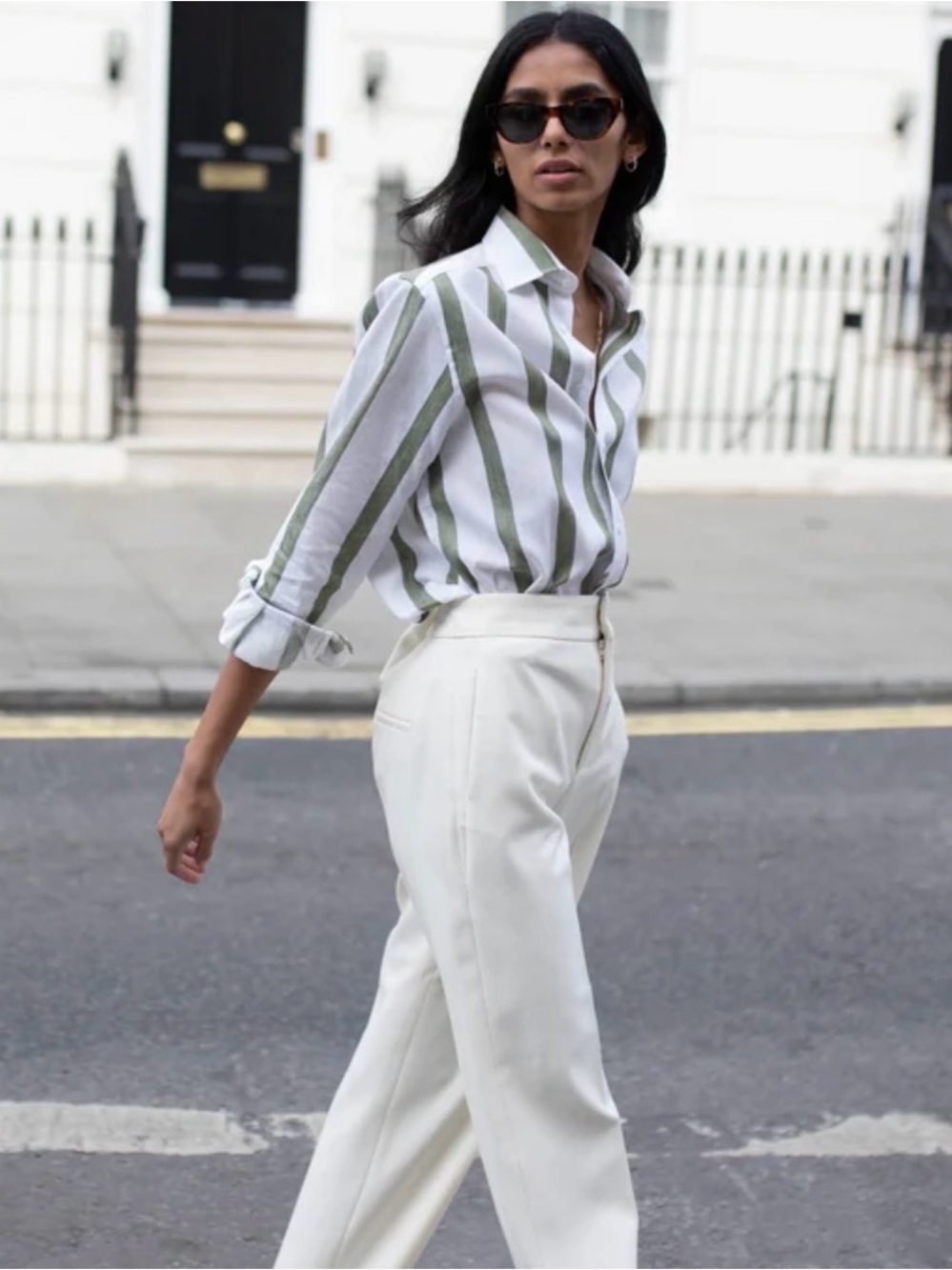 WNU With Nothing Underneath Boyfriend Shirt Green/White Stripe Linen & Cotton